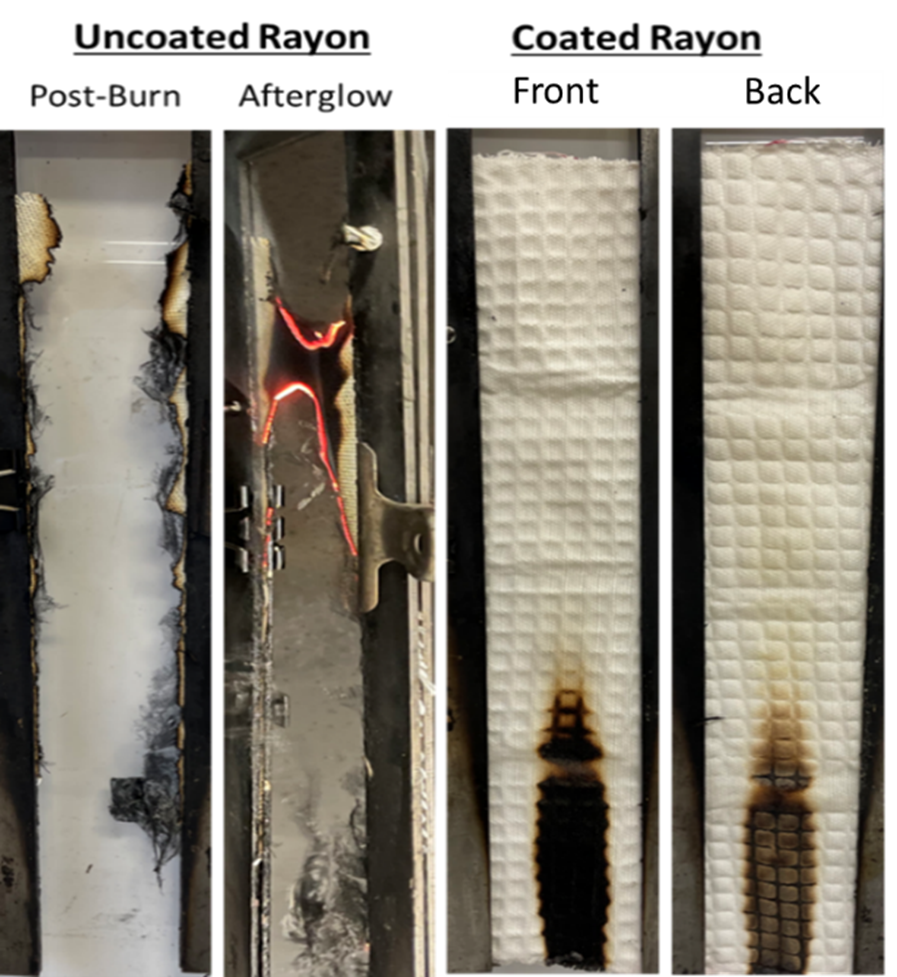 uncoated rayon material burned up vs coated rayon showing slight char uncoated rayon material burned up vs coated rayon showing slight char