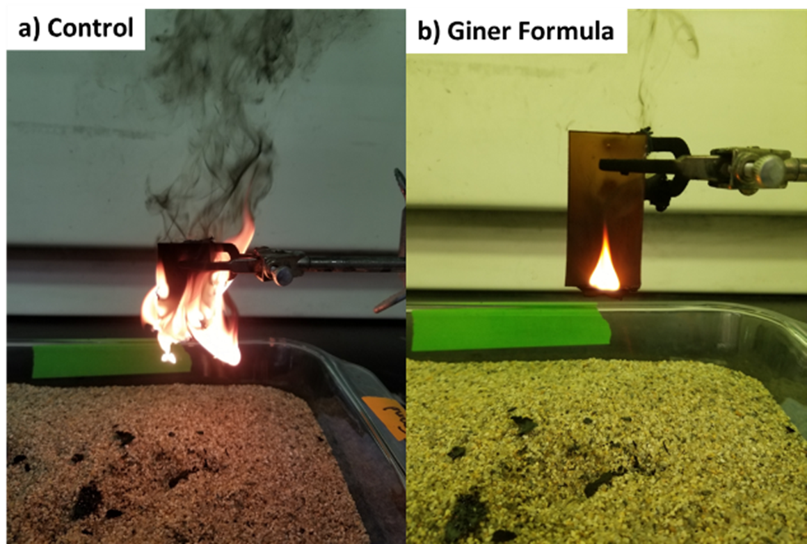 Flammability test stand of control material on fire vs giner formula Flammability test stand of control material on fire vs giner formula
